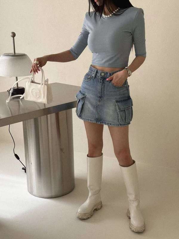 High Waist Double Pocket Denim Skirt Side Pocket Washed Denim Skirt Mini Skirt