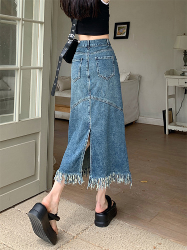 Real shot retro denim skirt women's design feeling niche small man with raw edge a-line mid-length skirt long skirt summer