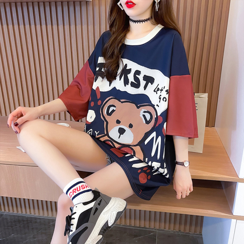 Real shot summer Korean version of loose print bear color matching large size women's clothing mid-length short-sleeved top T-shirt women
