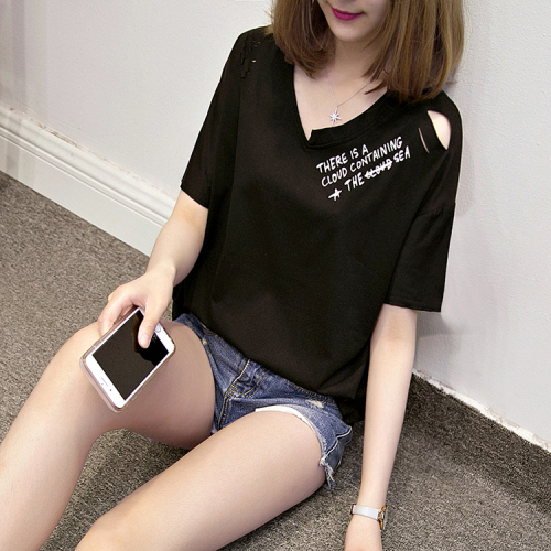 Real shot 2023 summer Korean style loose V-neck hollow letter printing large size women's short-sleeved T-shirt women