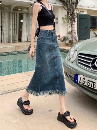 Real shot retro denim skirt women's design feeling niche small man with raw edge a-line mid-length skirt long skirt summer