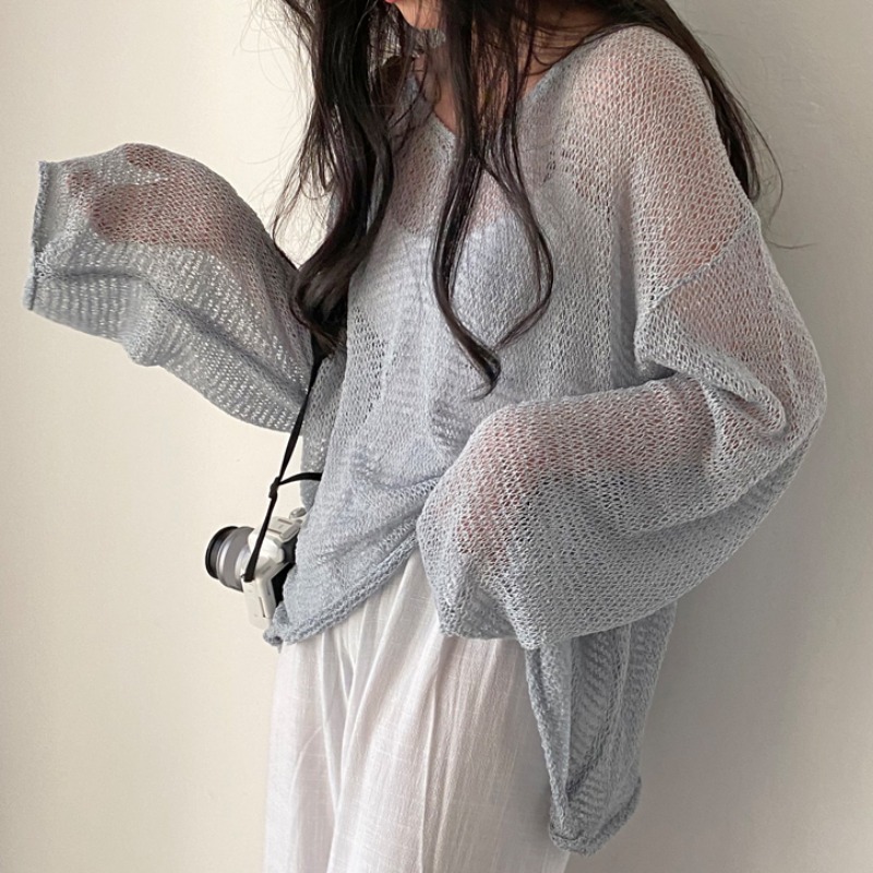 Korean chic summer French retro lazy style loose long sleeved hollow out thin knit sun protection top for women