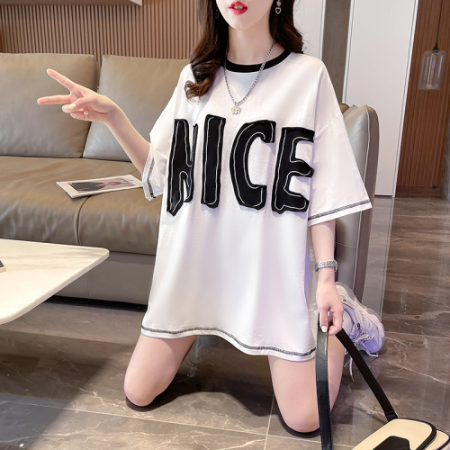 Real shot summer pull frame net patch T-shirt 2023 new large size loose all-match top women