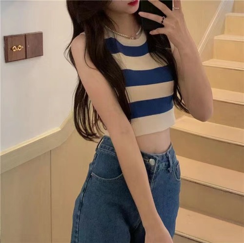 Official map South Korea 2023 summer new round neck color contrast striped vest women's fashion casual short section hot girl sleeveless top