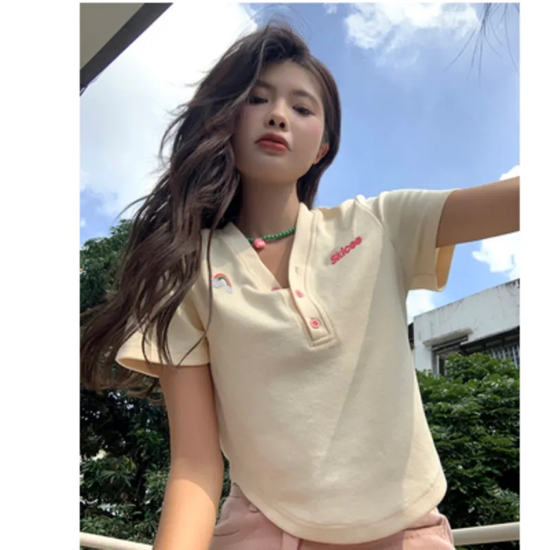Sweet Spice Girl Short Slim V-neck Embroidery Short Sleeve Front Shoulder T-Shirt Summer New Design Chic Cotton Top Women