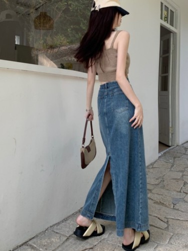 Real price real price summer high waist denim skirt A-line rear slit loose long denim skirt