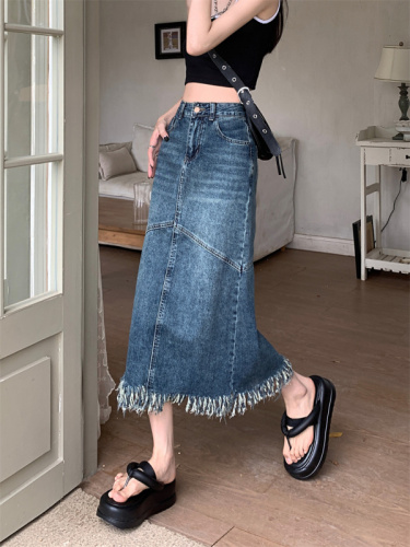 Real shot retro denim skirt women's design feeling niche small man with raw edge a-line mid-length skirt long skirt summer