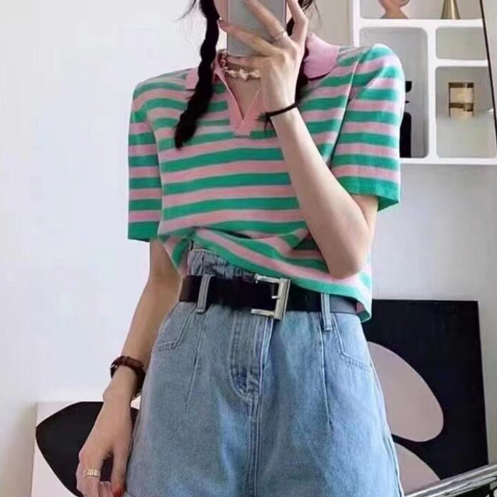 Striped POLO neck short sleeved T-shirt for women's summer 2023 new design sense niche sweet and unique short top