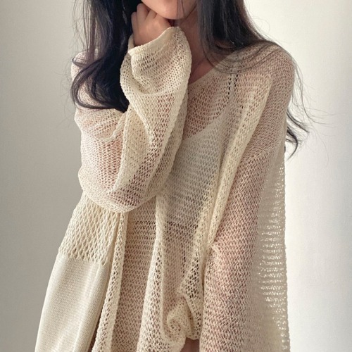 Korean chic summer French retro lazy style loose long sleeved hollow out thin knit sun protection top for women