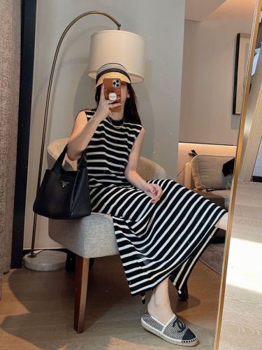 theWangs imported wool yarn linen camping holiday style long vest sleeveless slim striped dress women summer