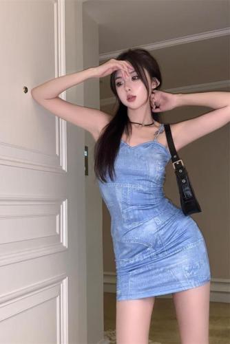 Real shot and real price~Summer new pure desire style hot girl print waist slim bag hip suspender dress female