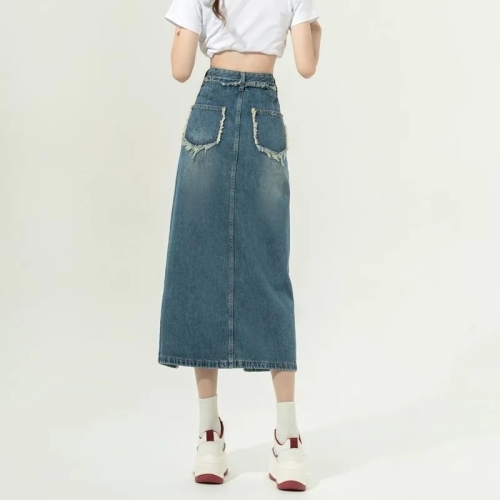Spring new slimming retro raw edge design mid-length a-line skirt high waist irregular slit denim skirt