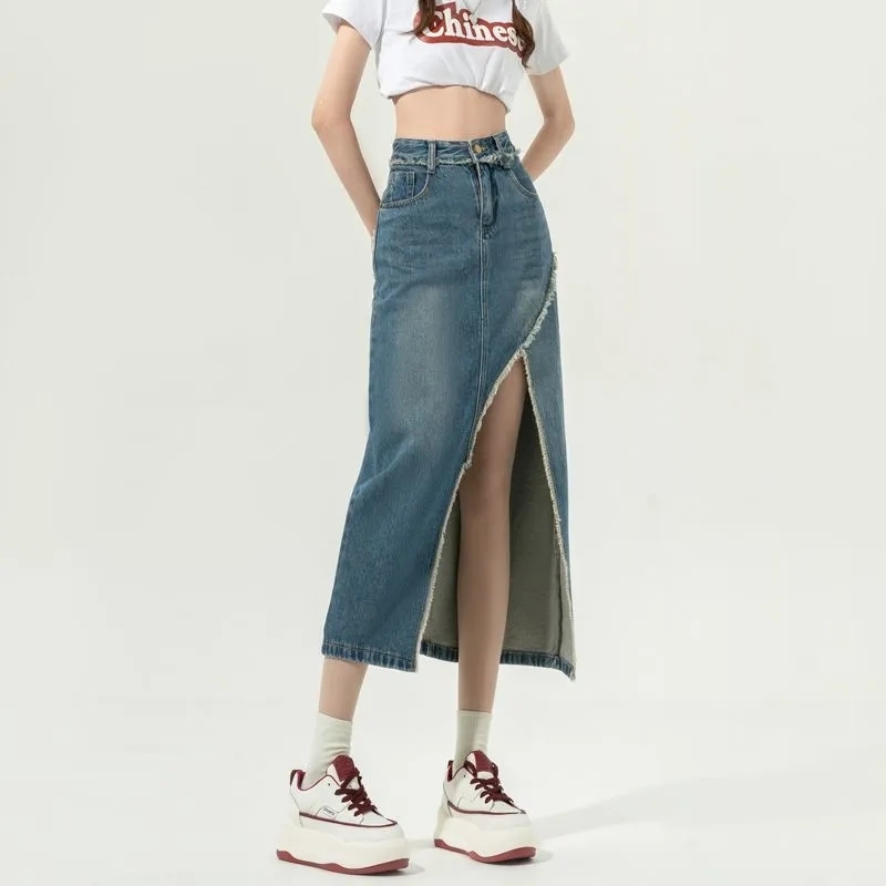 Spring new slimming retro raw edge design mid-length a-line skirt high waist irregular slit denim skirt