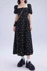 Black fishbone floral slit puff sleeve dress summer new waist French temperament lady style long skirt