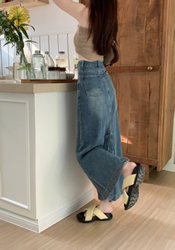 Real price real price summer high waist denim skirt A-line rear slit loose long denim skirt