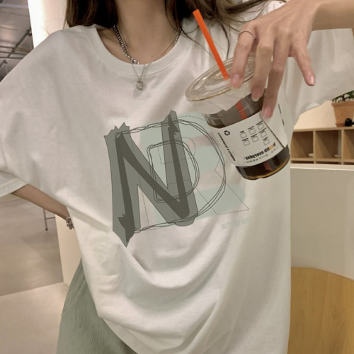 6535 cotton summer new style Hong Kong style letter printed short-sleeved T-shirt loose slimming round neck bottoming top for women
