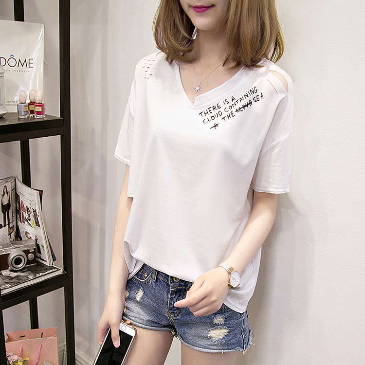 Special price M-2XL real shot college style loose V-neck hole hollow letter print T-shirt