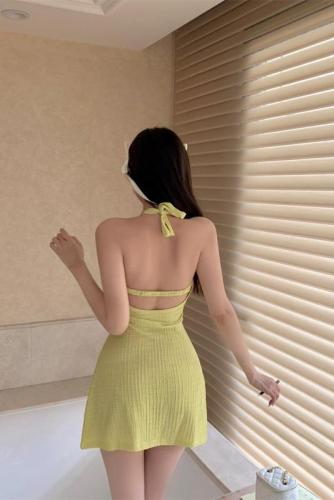 Real shot real price~Sweet and spicy pure desire wind hanging neck style strapless backless sexy dress female waist slimming A-line skirt
