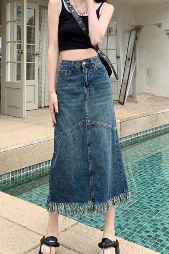 Real shot retro denim skirt women's design feeling niche small man with raw edge a-line mid-length skirt long skirt summer