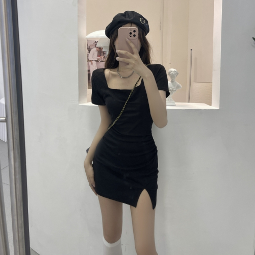 Korean version of women's neckline small black dress with a slim waistband and a slit wrapped hip skirt short skirt A-line skirt slim fitting bottom skirt dress