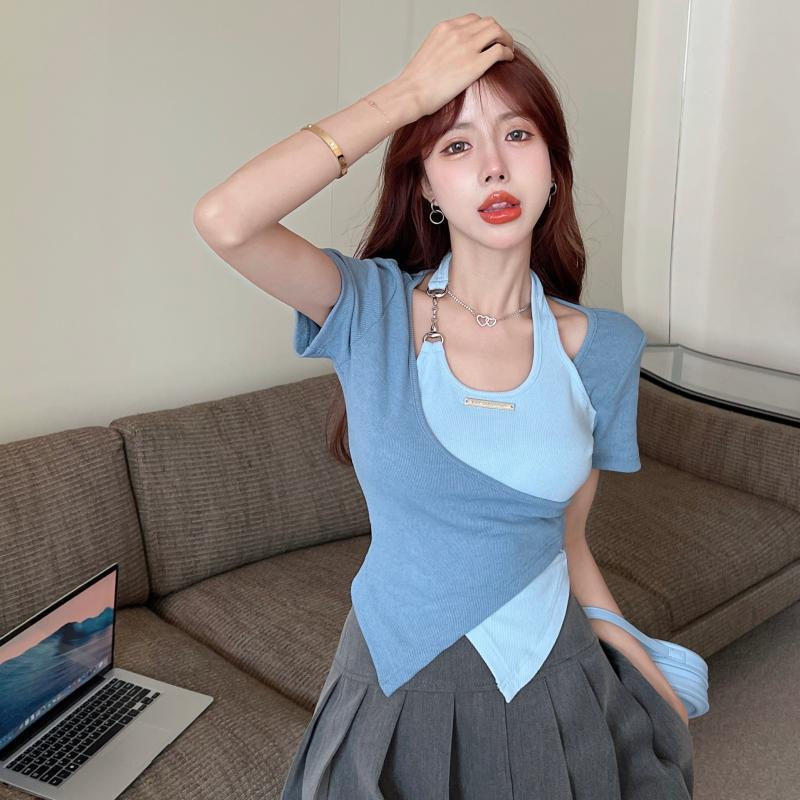Sweet and spicy style hanging neck shoulder short-sleeved T-shirt women's summer unique special cross irregular color contrast short bm top