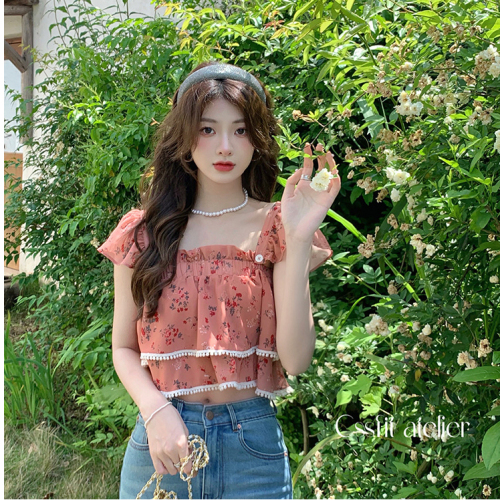 White tea wild rose small romantic square collar floral small flying sleeve top women's summer short sweet shirt