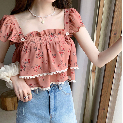 White tea wild rose small romantic square collar floral small flying sleeve top women's summer short sweet shirt