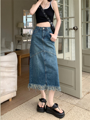 Real shot retro denim skirt women's design feeling niche small man with raw edge a-line mid-length skirt long skirt summer