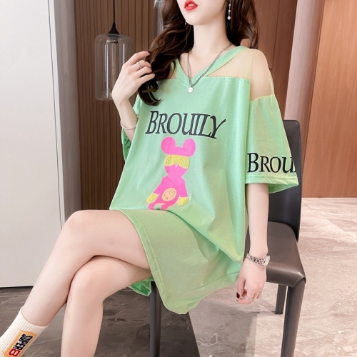 Real shot summer mesh stitching mid-length off-the-shoulder short-sleeved T-shirt for women