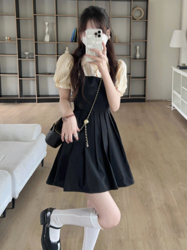 French Vintage Bubble Sleeves Fake Two Piece Dress Women's Summer New Gentle Style Wear with Small Nai Guai Skirt