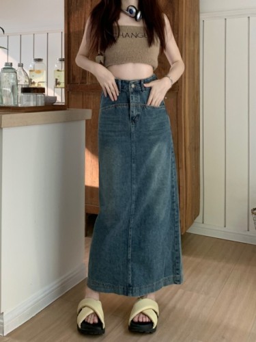 Real price real price summer high waist denim skirt A-line rear slit loose long denim skirt