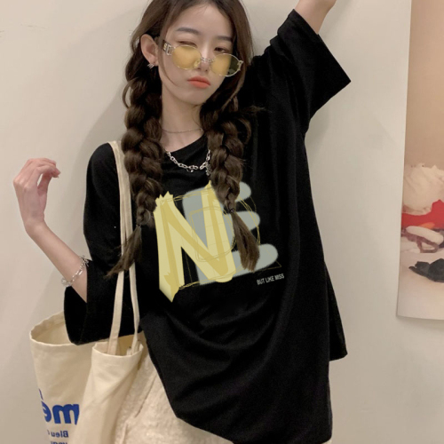 6535 cotton summer new style Hong Kong style letter printed short-sleeved T-shirt loose slimming round neck bottoming top for women