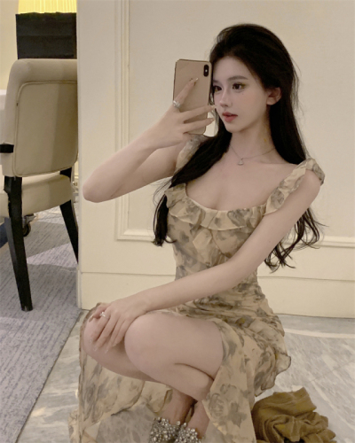 Real price ink painting suspender dress with French square neck and ear edge sleeveless vintage new Chinese floral skirt