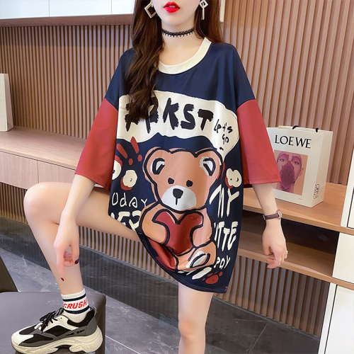 Real shot summer Korean version of loose print bear color matching large size women's clothing mid-length short-sleeved top T-shirt women