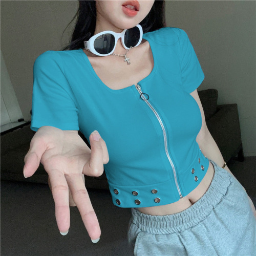 Cotton summer 2023 new design temperament girl slim zipper square collar