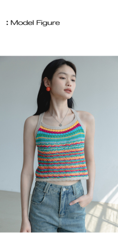 Rainbow color knitted vest suspenders women's outerwear spring and summer  new short tops