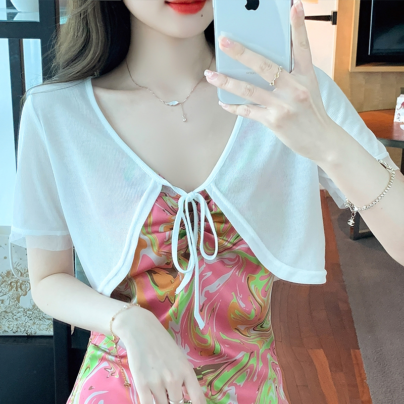 Shipped 2023 spring and summer real shot large size new short tether cardigan short-sleeved sweater