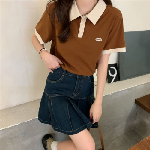 Design Sense Fashion Polo Neck Short T-shirt Summer  New Vintage Style Contrast Color Short Sleeve Top Women's Wear