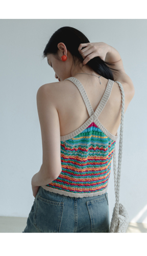 Rainbow color knitted vest suspenders women's outerwear spring and summer  new short tops