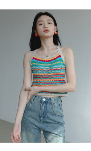 Rainbow color knitted vest suspenders women's outerwear spring and summer  new short tops