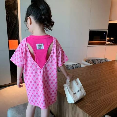 Girls T-shirt 2023 summer new net red foreign style skirt children's summer mid-length little girl thin section short-sleeved