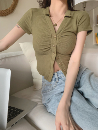 Real price hot girl style elastic tight small collar solid color button-down short-sleeved T-shirt