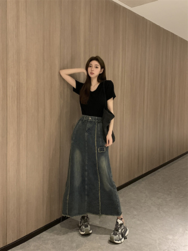 Real shot real price collarbone t-shirt women loose all-match short-sleeved large neckline V-neck bottoming shoulders U-neck inner top