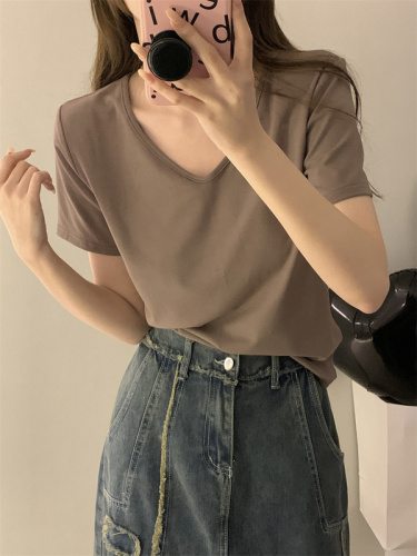 Real shot real price collarbone t-shirt women loose all-match short-sleeved large neckline V-neck bottoming shoulders U-neck inner top