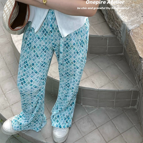 Pleated tie-dye floral wide-leg pants summer thin casual ice silk cool women's straight-leg pants loose mopping pants