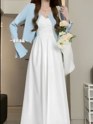 French summer new first love suspenders small white skirt waist sweet and spicy fairy dress holiday wind long skirt