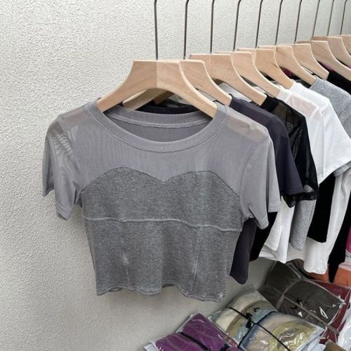 Mesh splicing pure desire sweet and spicy short-sleeved t-shirt women's summer women's clothing Korean version of self-cultivation and thin short chic top tide