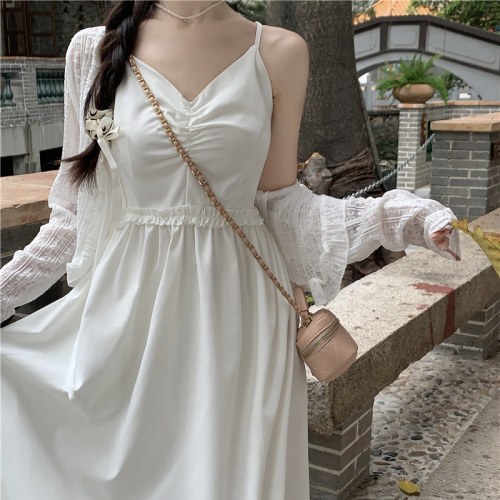 French summer new first love suspenders small white skirt waist sweet and spicy fairy dress holiday wind long skirt