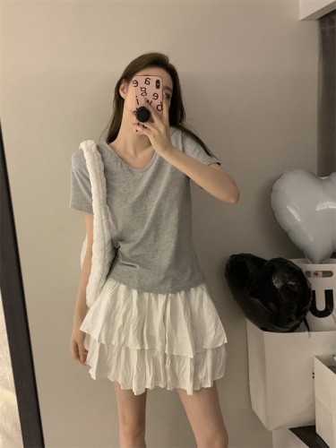 Real shot real price collarbone t-shirt women loose all-match short-sleeved large neckline V-neck bottoming shoulders U-neck inner top