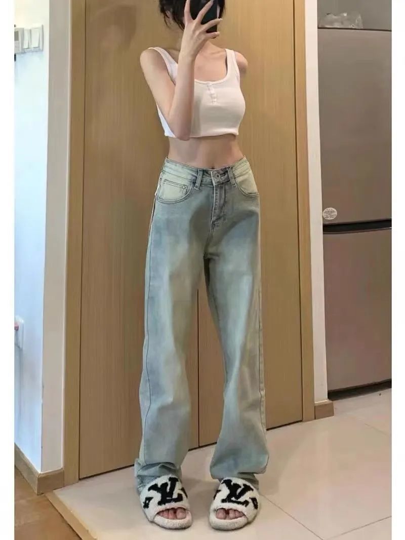 Retro washed old yellow mud-colored jeans women's summer high waist thin high street straight American vibe style pants